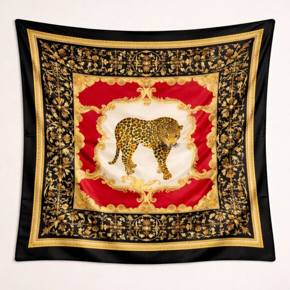 Vintage Accessories - Vintage Made in Italy Leopard Print Scarf | Red Black Gold Baroque Square